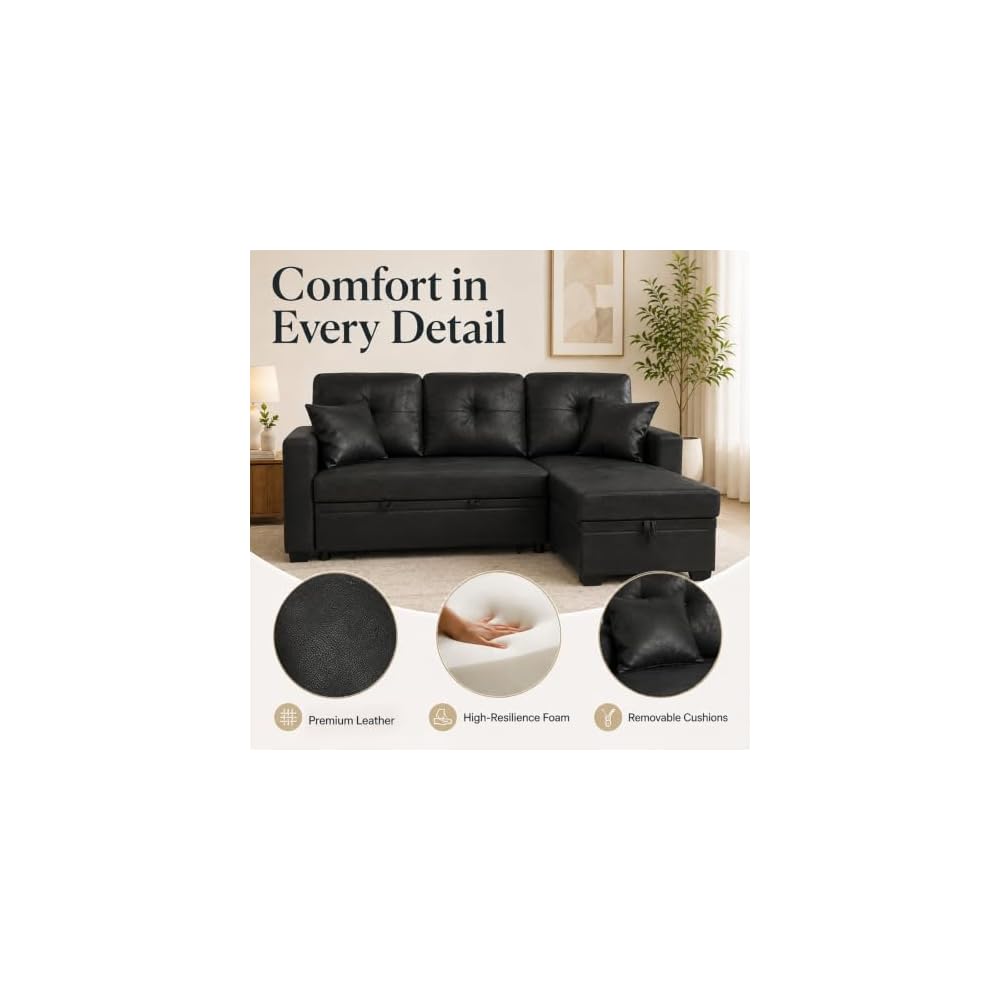71'' L-Shaped Sectional Pull Out Sofa Bed with Storage Chaise Lounge, 3-Seat Convertible Cloud Deep Seat Sleeper Sofas Couches for Living Room Apartment, Removable Cushions (Black, Faux Leather)