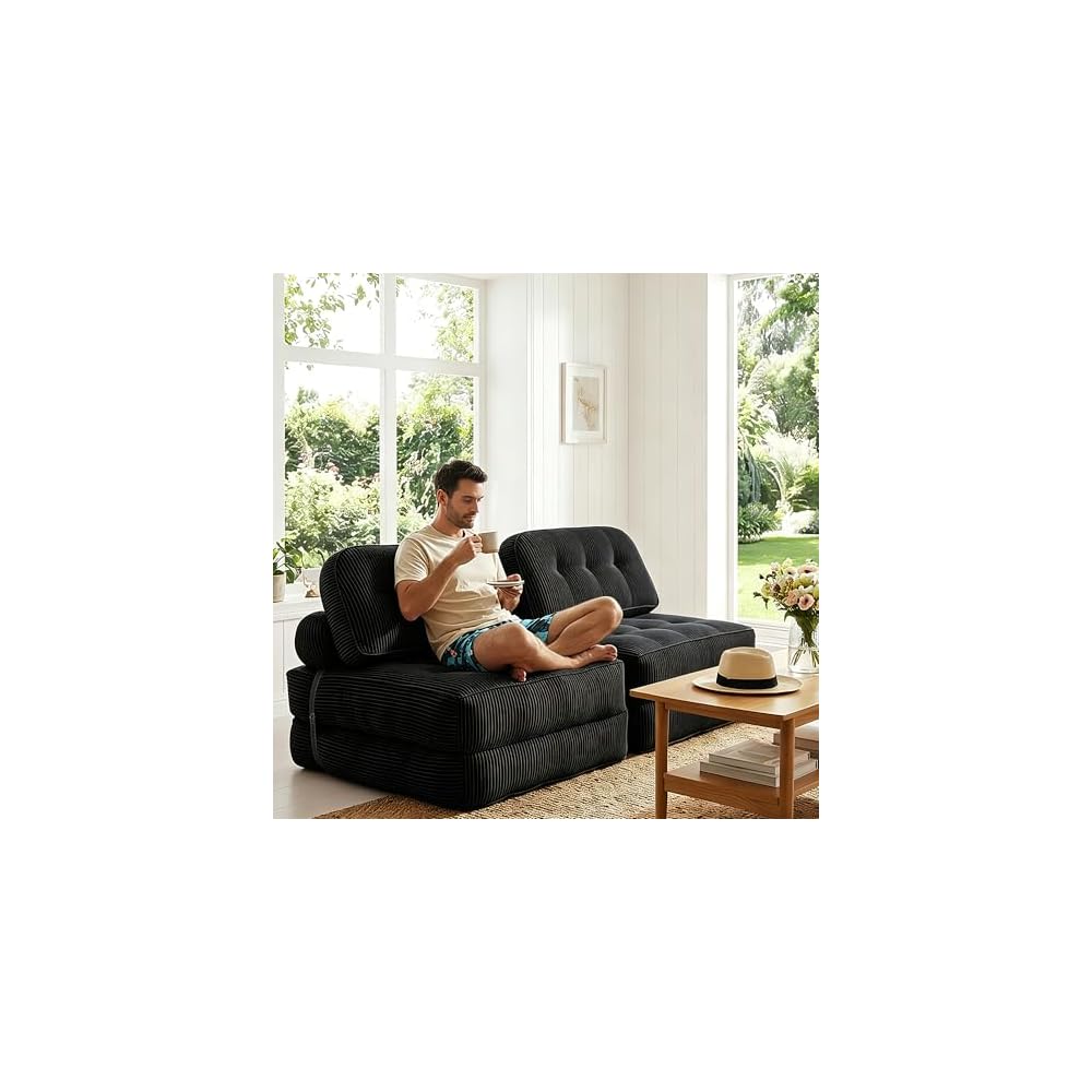 Compressed 2 Seater Sofa Bed,66" Flannel Modular Loveseat with Storage Pocket, 35D High-Resilience Foam, Thick Cushion Floor Couch for Small Spaces, Apartment, Bedroom, Living Room, Black