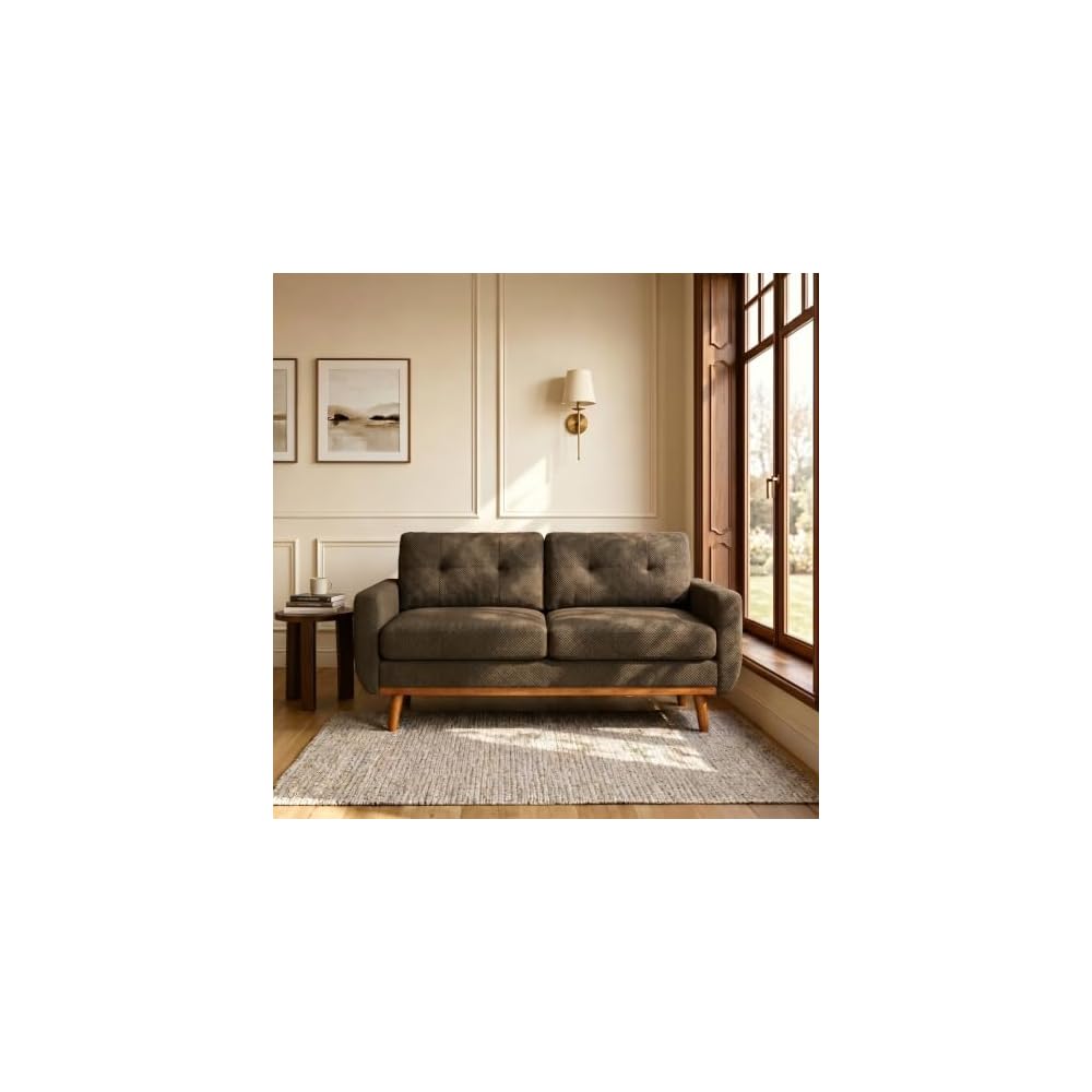 ZEIINPA 65" Mid Century Modern Loveseat Sofa, Knitted Fabric Small Couch with Tufted Backrest, 2 Seater Upholstered Settee with Solid Wood Legs for Living Room, Apartment, Office, Coffee Brown