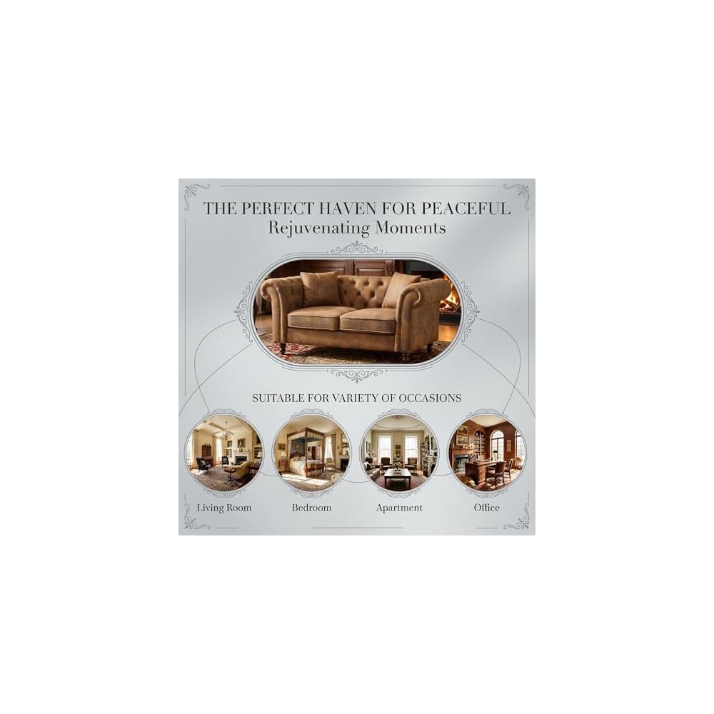 Chesterfield Sofa, 66" Chesterfield Faux Leather Loveseat Sofa with Deep Button Tufting & Rolled Arms, Vintage Mid Century Modern Couch for Living Room Office (Brown)
