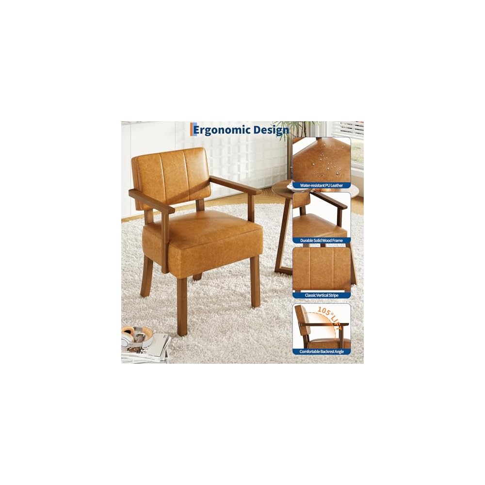 GarveeHome Lounge Chair Made of PU Leather, Upholstered Chair with Backrests and Armrests, Chair with Wooden Legs, for Living Room, 55 x 61 x 85 cm