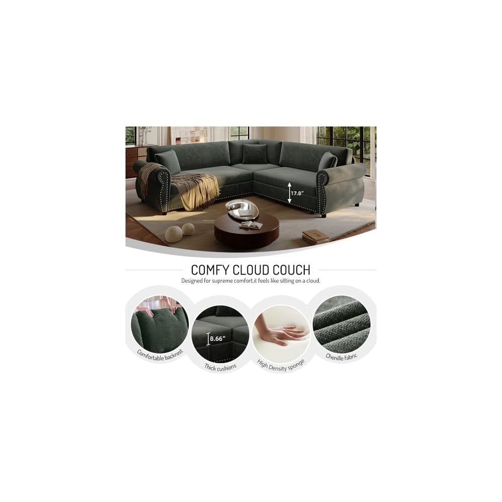 88.2'' Sleeper Sofa Bed, L Shaped Sectional Sofa with Pull Out Bed, Chenille Convertible Sectional Couches for Living Room, Oversized 5 Seater Couch with Nailhead Trim & Rolled Arm, Green