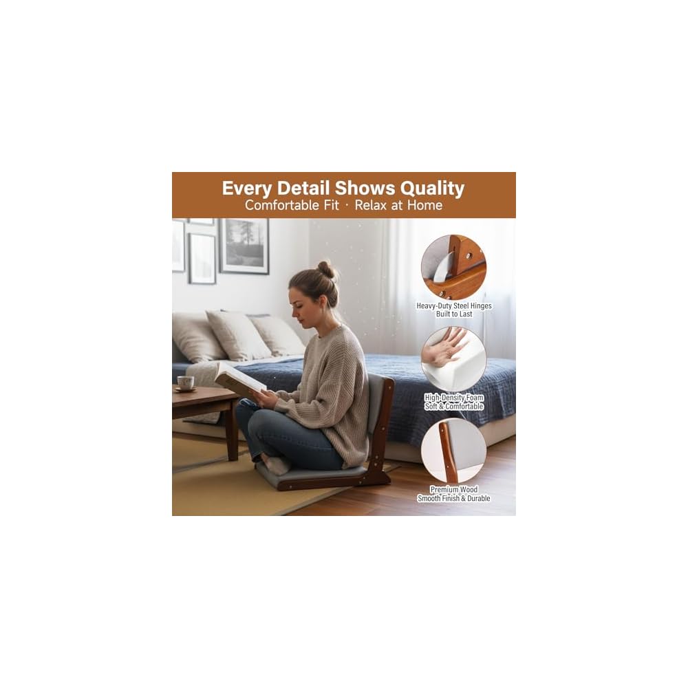 Tiita 2-Pack Foldable Meditation Floor Chairs, Back Support, Walnut Grey