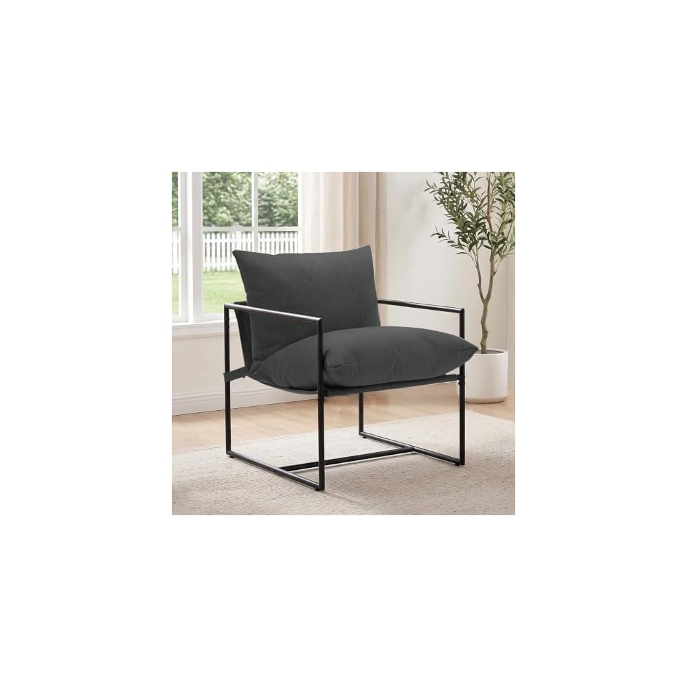 Modern Accent Chair, Upholstered Reading Sling Chair with Metal Frame and Soft Cushion,Stylish Lounge Armchair for Living Room, Bedroom or Office Seating, Oatmeal