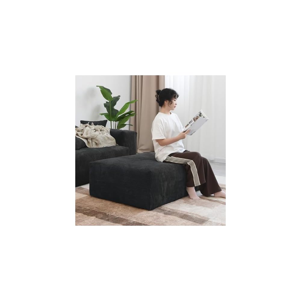 JACH Modern Corduroy Sectional Couch, Modular Sectional Sofa with Chaise Ottoman, Cushion Covers Removable, Oversized Deep Seat Soft Couches for Living Room, Office (Black)