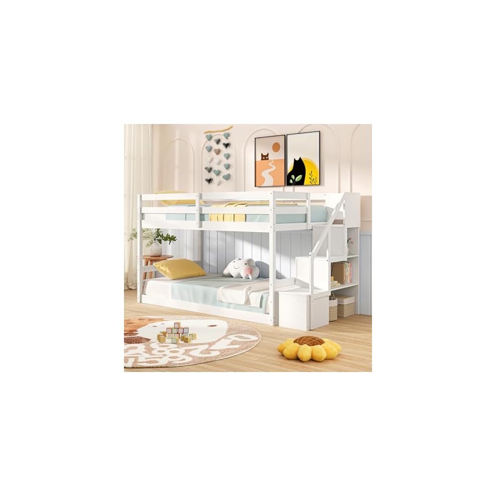 GIANTEX Twin Over Twin Bunk Bed with Stairs, Solid Wood Floor Bunk Bed with Storage Staircase & Full-Length Guardrails, Low Bunk Bed with for Kids, Teens, Adults, Dorm, Small Space, White