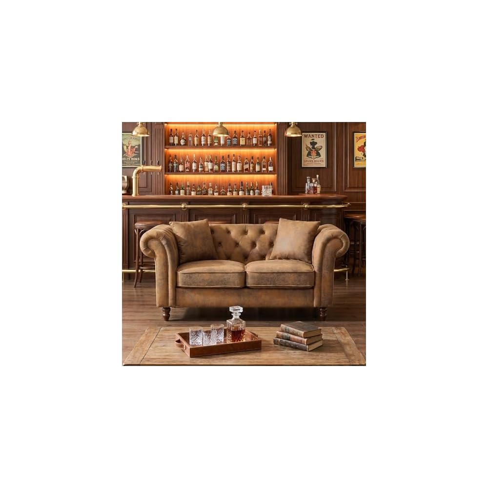 Chesterfield Sofa, 66" Chesterfield Faux Leather Loveseat Sofa with Deep Button Tufting & Rolled Arms, Vintage Mid Century Modern Couch for Living Room Office (Brown)