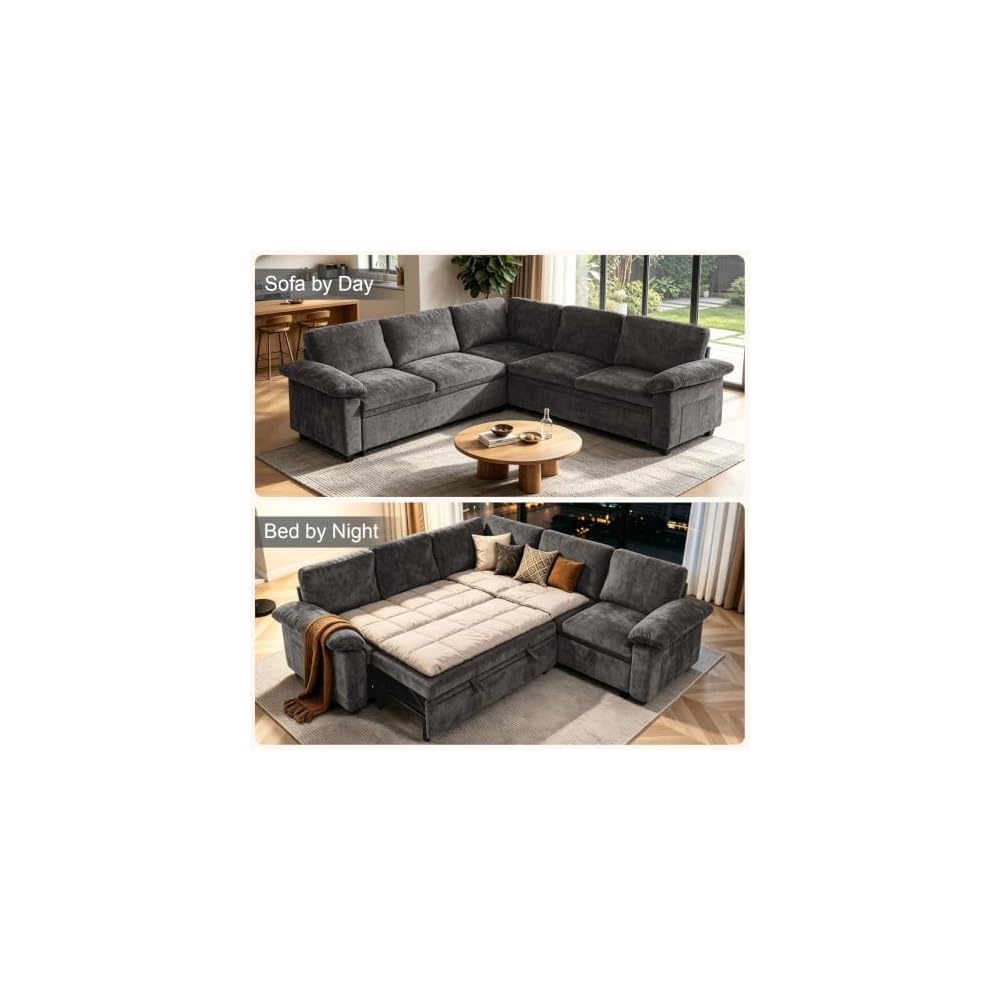 85'' Modular Sectional Sofa with Pull Out Bed, L‑Shaped Sleeper Sofa, Gray