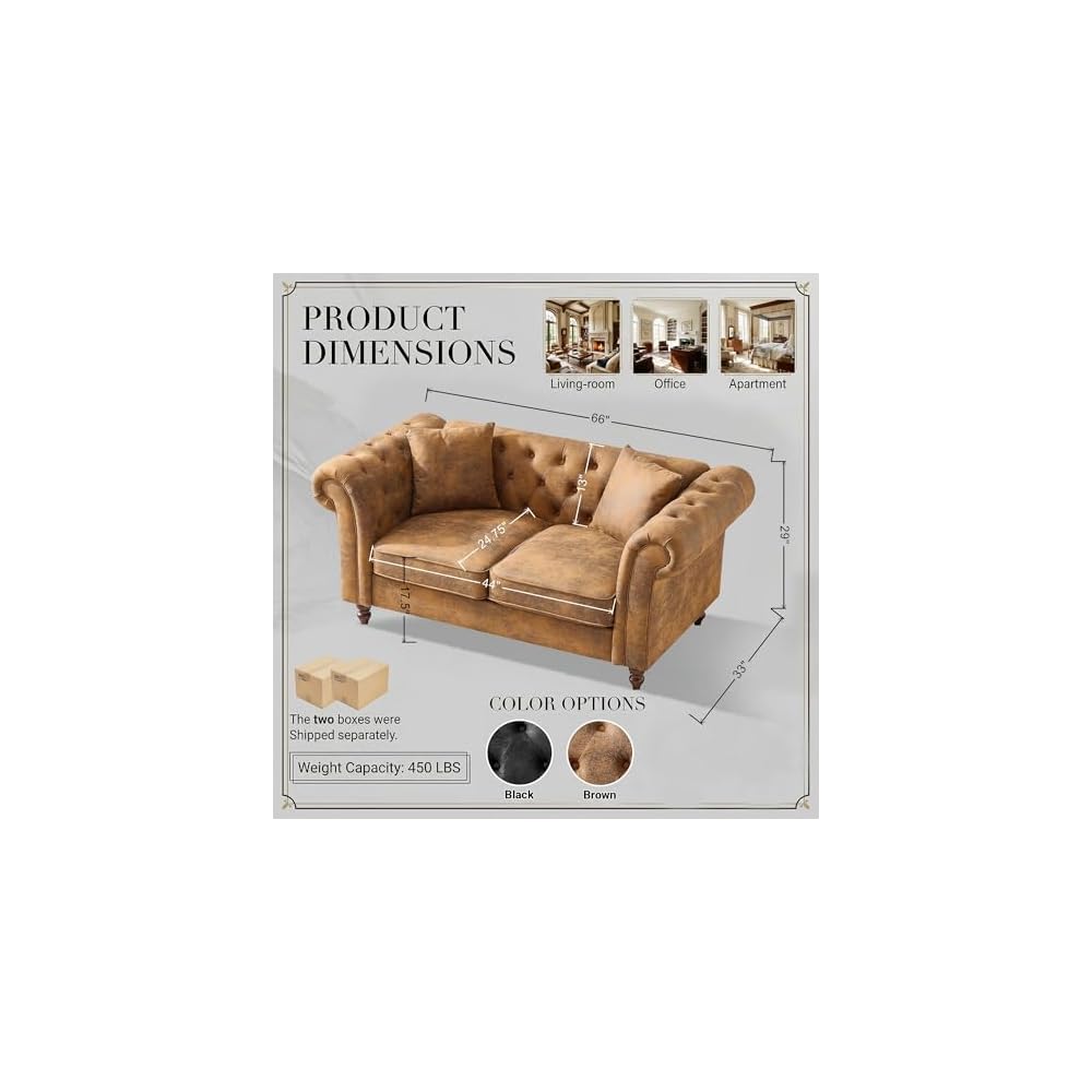 Chesterfield Sofa, 66" Chesterfield Faux Leather Loveseat Sofa with Deep Button Tufting & Rolled Arms, Vintage Mid Century Modern Couch for Living Room Office (Brown)