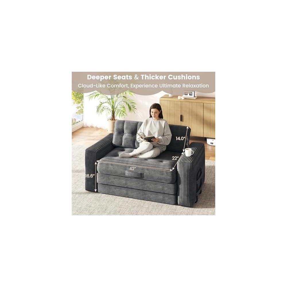 EROMMY 56" Boneless Couch Bed, Convertible Sofa Bed with Corduroy Fabric, Small Loveseat Sleeper Sofa for Small Spaces, Pull Out Futon Couch with 2 Pillows, No Assembly, Grey