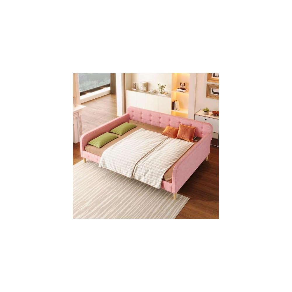 GDFStudio Queen Size Upholstered Daybed with Linen, Solid Pine Wood + MDF Frame, Foam-Filled Backrest, 4 Support Legs, No Box Spring Needed, Sturdy Queen Sofa Bed for Living Room or Guest Room, Pink