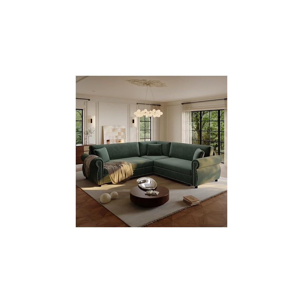 88.2'' Sleeper Sofa Bed, L Shaped Sectional Sofa with Pull Out Bed, Chenille Convertible Sectional Couches for Living Room, Oversized 5 Seater Couch with Nailhead Trim & Rolled Arm, Green