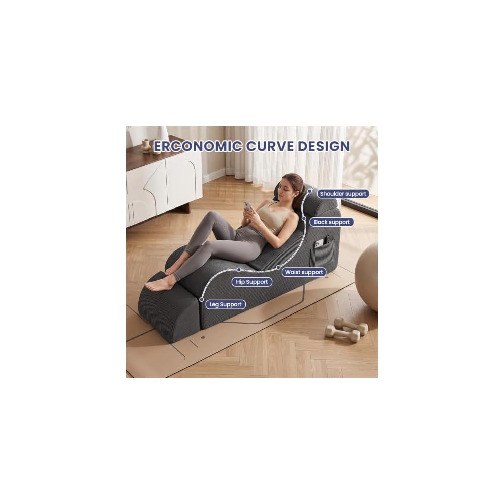 Convertible Yoga Chair for Adults, Ergonomic Lounge Chair Indoor with Side Pocket, Headrest, Waist Pad, Ottoman No Assembly Required(Grey)