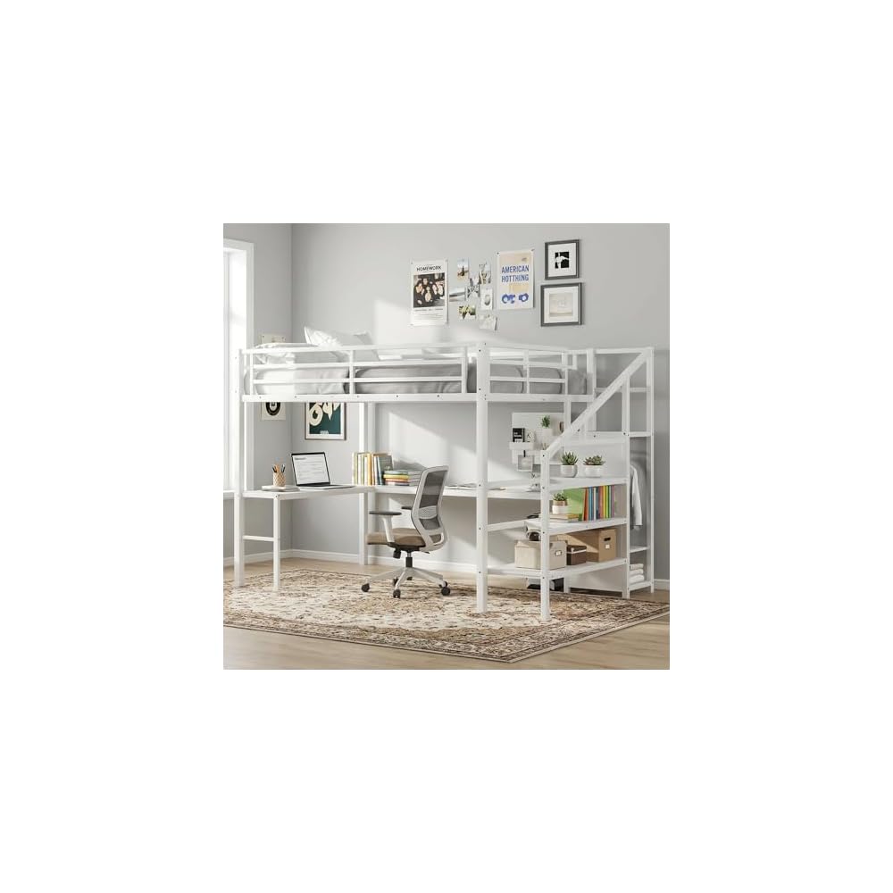 Twin XL Metal Loft Bed with L-Shaped Desk and Storage Stairs, White