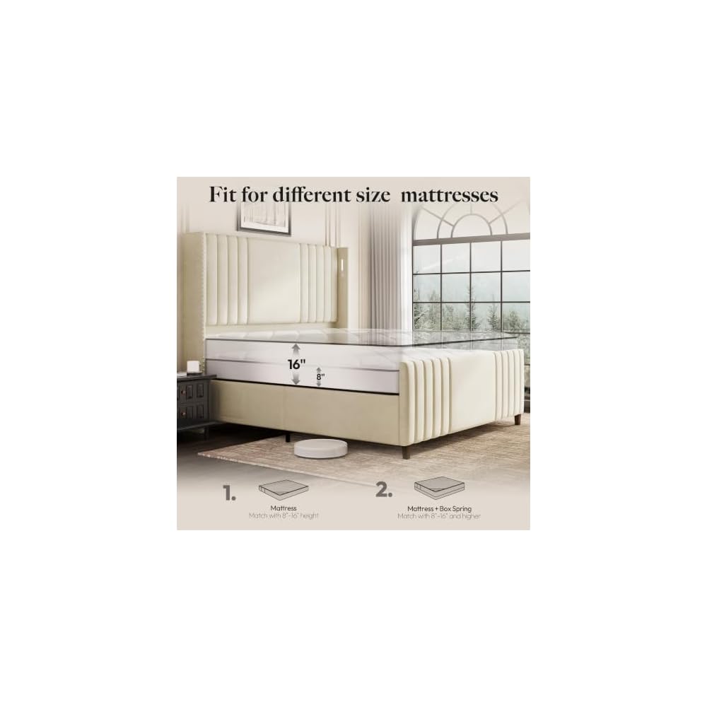 Belffin 59" Tall Queen Size Platform Bed Frame with 2 Touch Lights, Beige