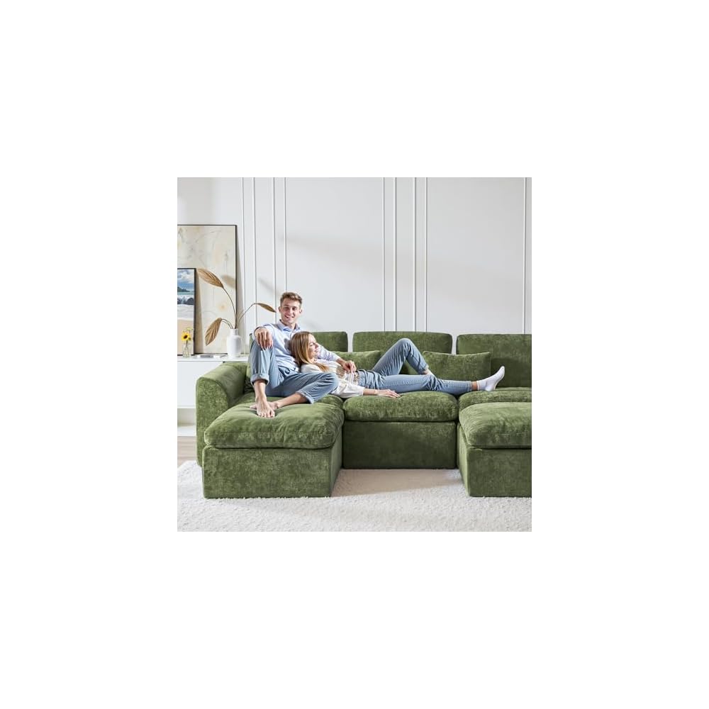 Modern Sectional Cloud Couch - 120'' Soft Modular Sectional Sofa – No Assembly Required - Deep Seat Couches with 2 Movable Ottomans - Oversized Chenille Sofa for Living Room - Green