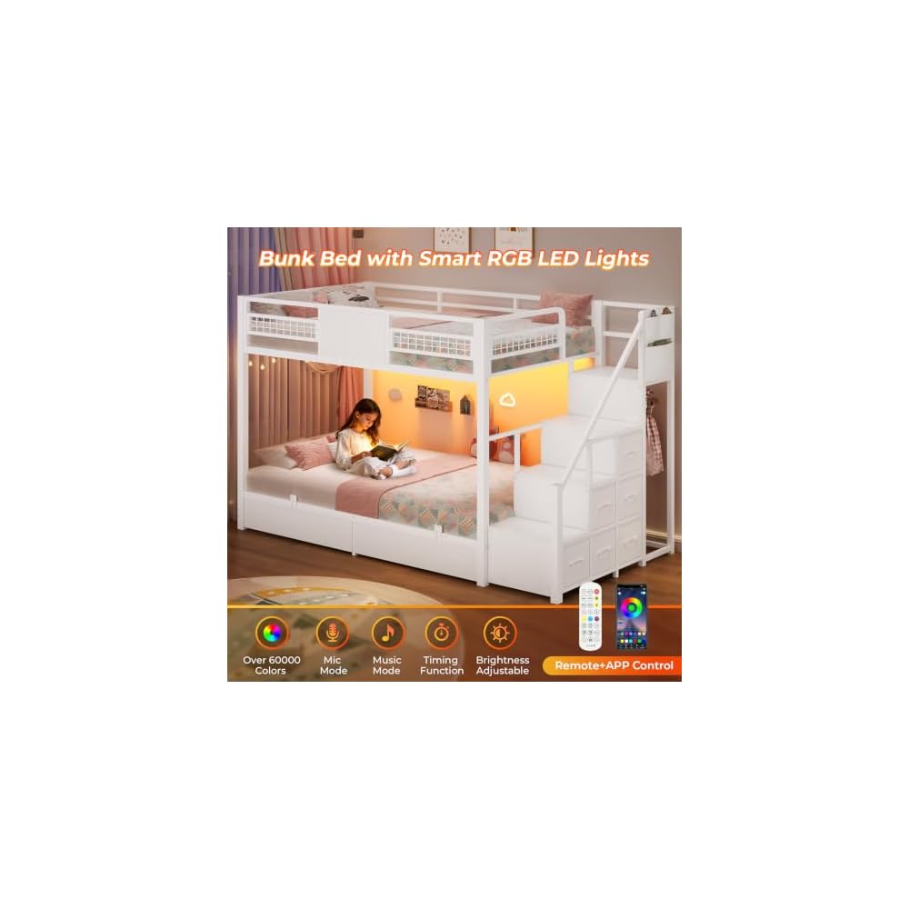 BTHFST Bunk Bed Twin Over Twin with Stairs, Storage Drawers and LED Lights