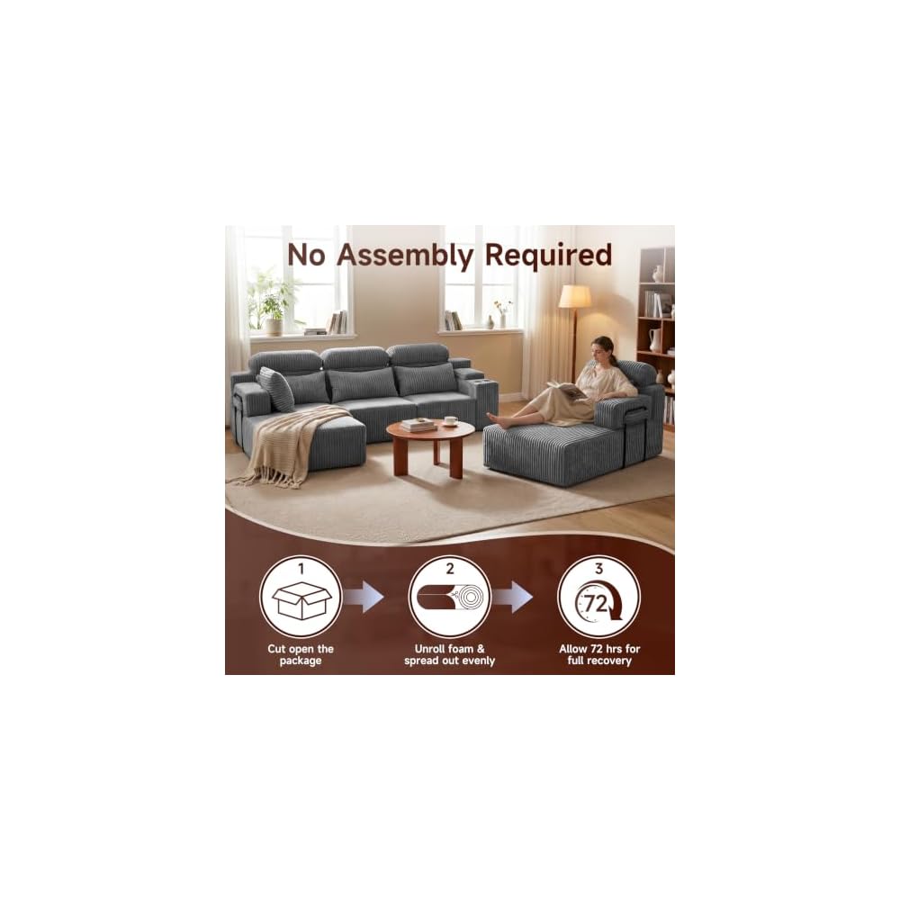 145.7" U Shaped Sectional Cloud Couches for Living Room, Corduroy Memory Foam Modular Boneless Sofa Couch with Storage Console & Cup Holder, Deep Seat, No Assembly, Dark Gray