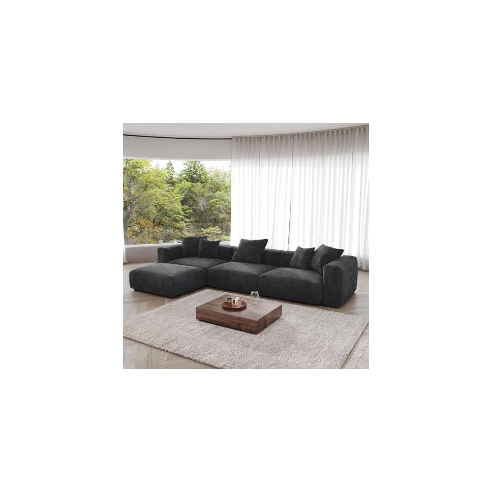 JACH Modern Corduroy Sectional Couch, Modular Sectional Sofa with Chaise Ottoman, Cushion Covers Removable, Oversized Deep Seat Soft Couches for Living Room, Office (Black)
