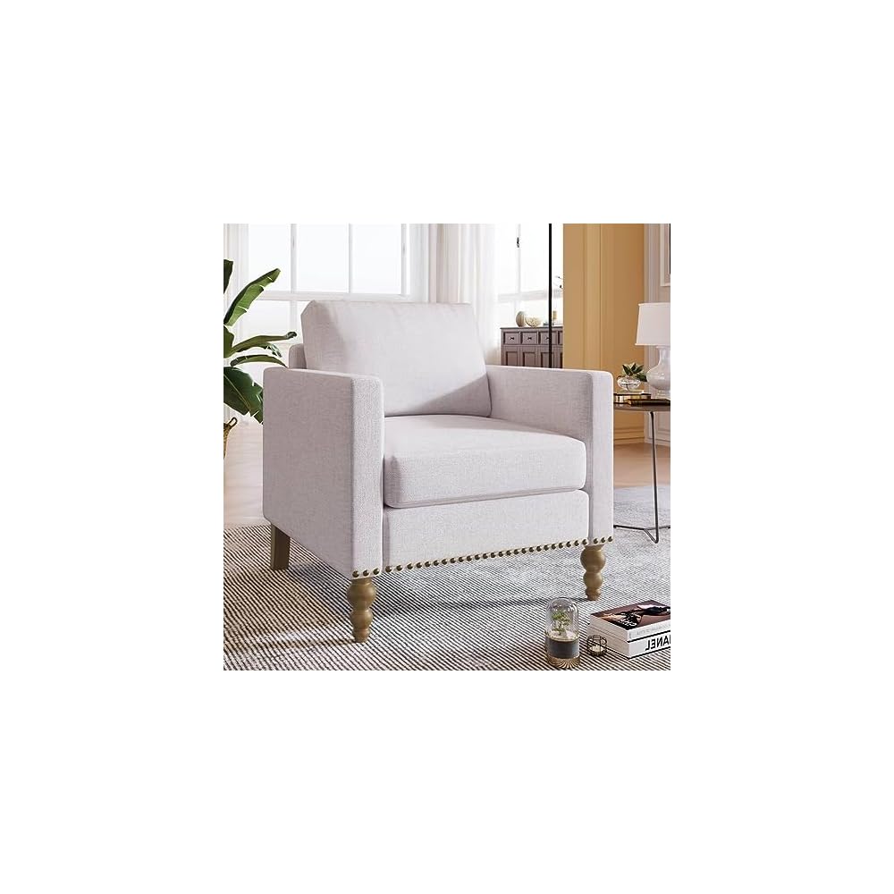 Linen Armchair Accent Chair with Bronze Nailhead Trim Legs Single Sofa
