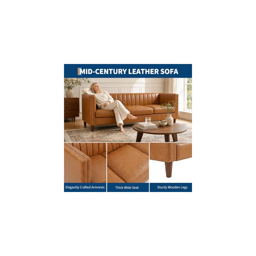 Garvee 81'' Cognac Tan Faux Leather Couch for Living Room