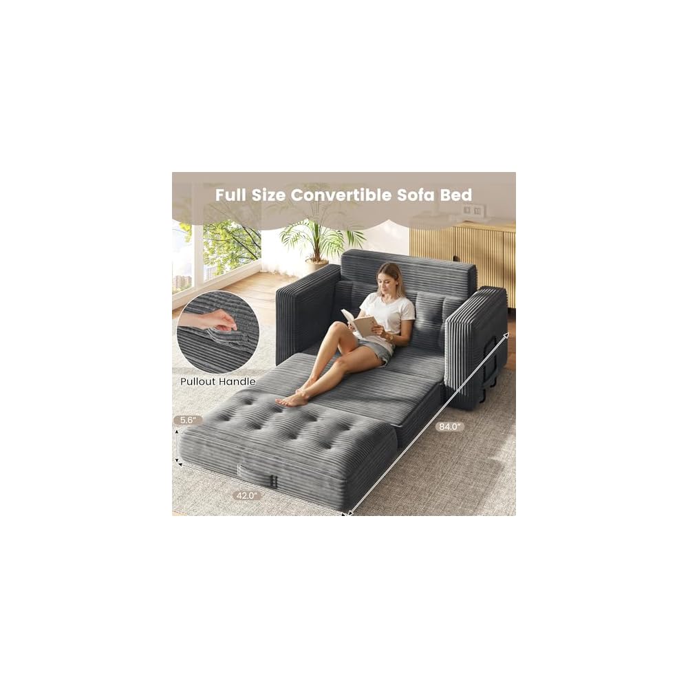 EROMMY 56" Boneless Couch Bed, Convertible Sofa Bed with Corduroy Fabric, Small Loveseat Sleeper Sofa for Small Spaces, Pull Out Futon Couch with 2 Pillows, No Assembly, Grey
