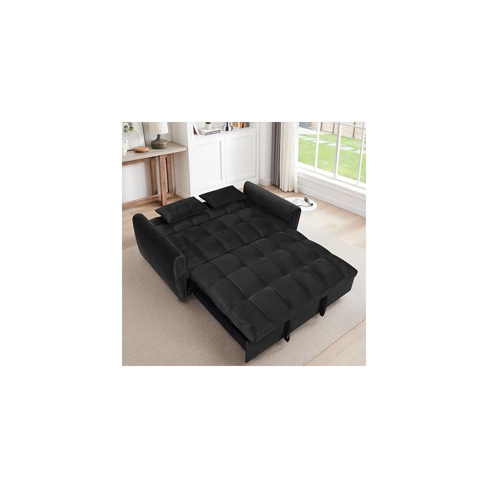 65 Inch Convertible Sleeper Sofa, 3-in-1 Sleeper Loveseat with Adjustable Backrest & Padded Armrests, Velvet Sofa Bed for Living Room, Apartment, Bedroom or Office, Black