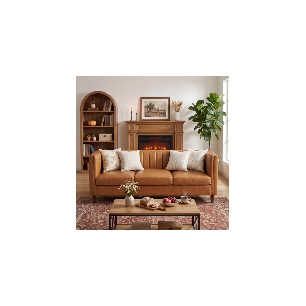 Garvee 81'' Cognac Tan Faux Leather Couch for Living Room