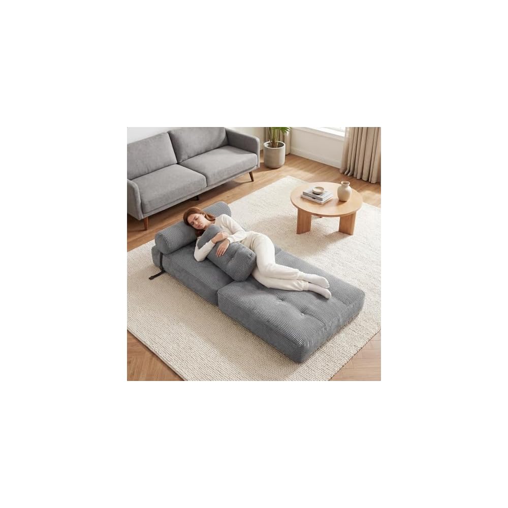 GIANTEX Folding Sofa Bed, Convertible Sleeper Chair with Pillow, Tufted Fold Out Chair Bed w/Back Support, Corduroy Cover, Fixing Straps, Comfy Floor Sofa for Living Room, Bedroom, Guest Room (Grey)