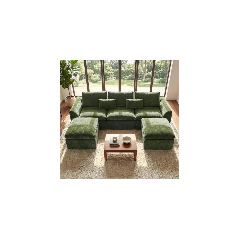 Modern Sectional Cloud Couch - 120'' Soft Modular Sectional Sofa – No Assembly Required - Deep Seat Couches with 2 Movable Ottomans - Oversized Chenille Sofa for Living Room - Green