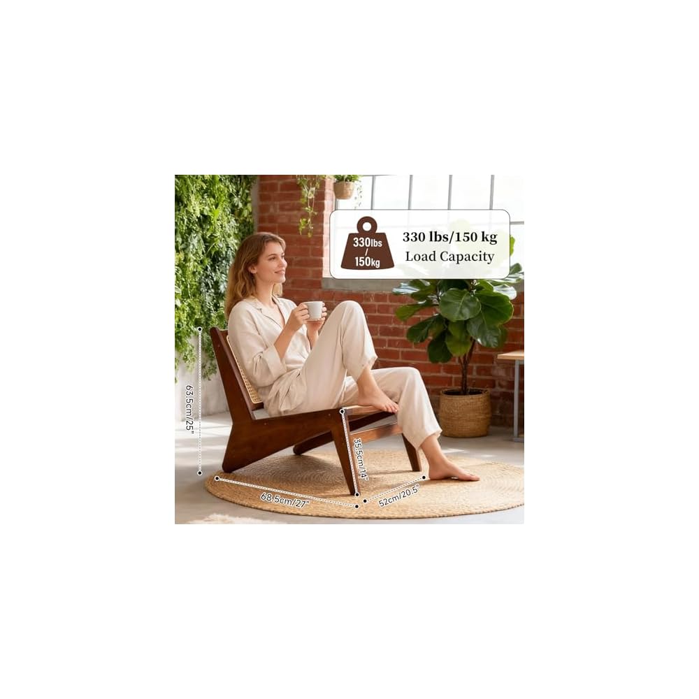 Furlide Rattan Accent Chair, Compact Low-Profile Bamboo Chair in Walnut