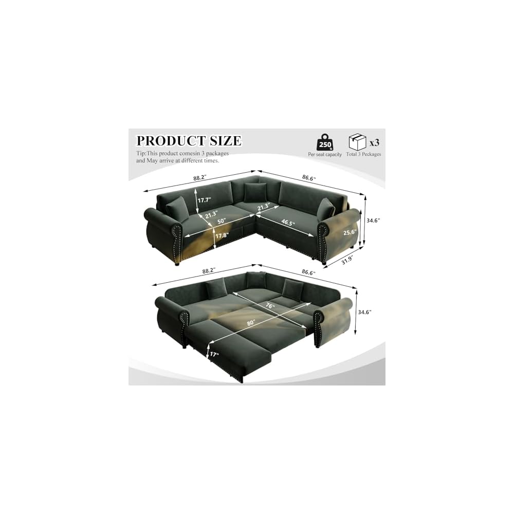 88.2'' Sleeper Sofa Bed, L Shaped Sectional Sofa with Pull Out Bed, Chenille Convertible Sectional Couches for Living Room, Oversized 5 Seater Couch with Nailhead Trim & Rolled Arm, Green
