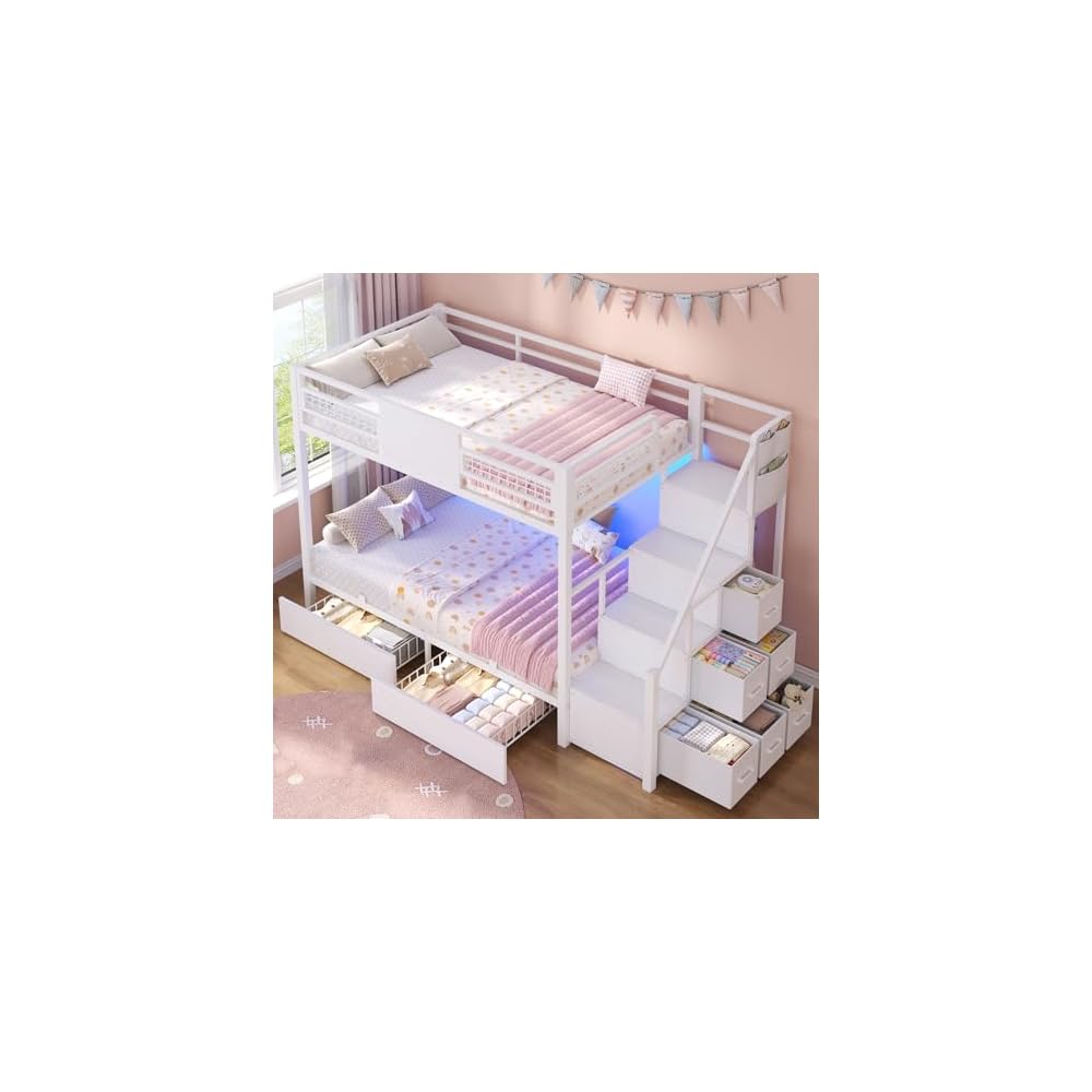 BTHFST Bunk Bed Twin Over Twin with Stairs, Storage Drawers and LED Lights