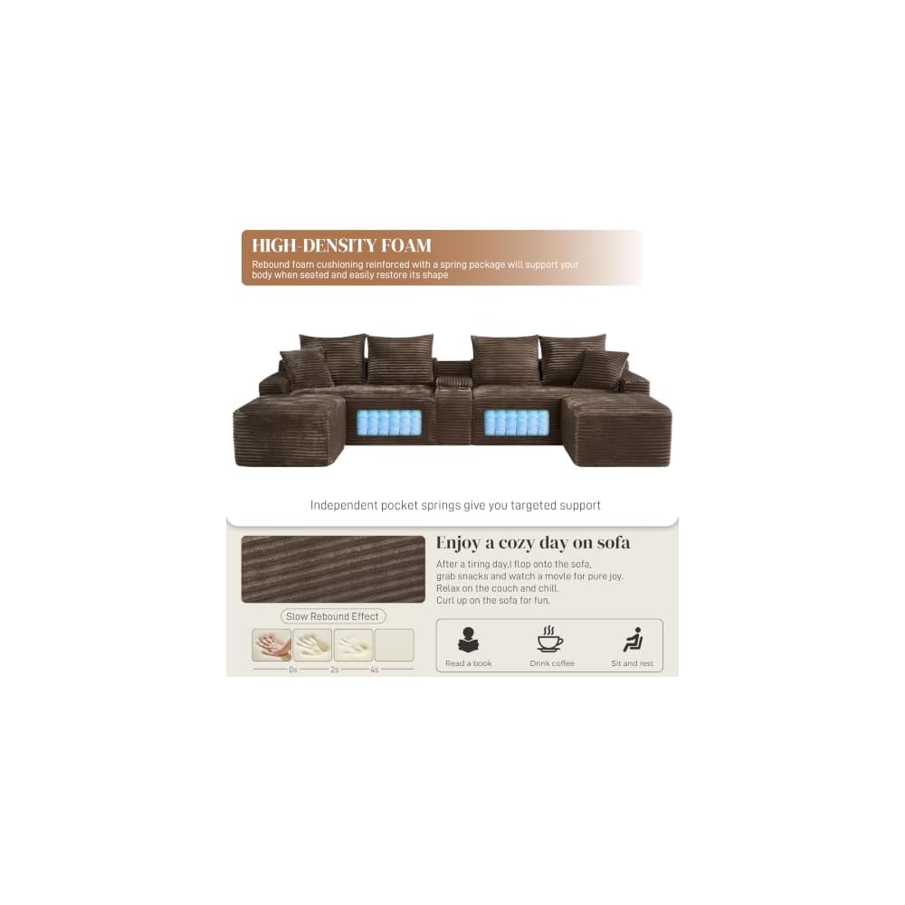 127" U Shaped Cloud Couch Modular Sectional Sofa, Comfy Fluffy Corduroy Brown Boneless Sectional Couches for Living Room, Modern Cloud Sofas with Cup Holders & USB Port, Brown
