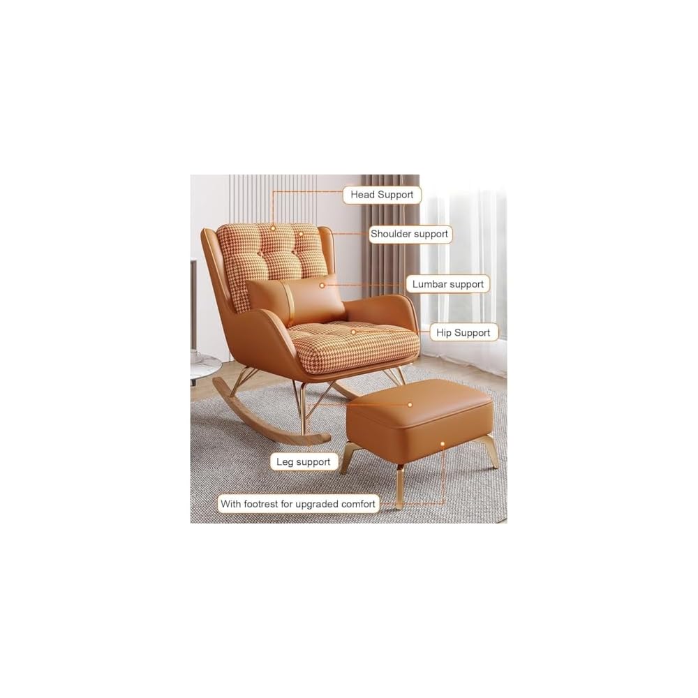 Modern Living Room Reclining Rocking Chair with Foot Stool Comfortable Balcony Chair for Bedroom or Lounge Soft Sleeper Armchair for Reading (Orange B)