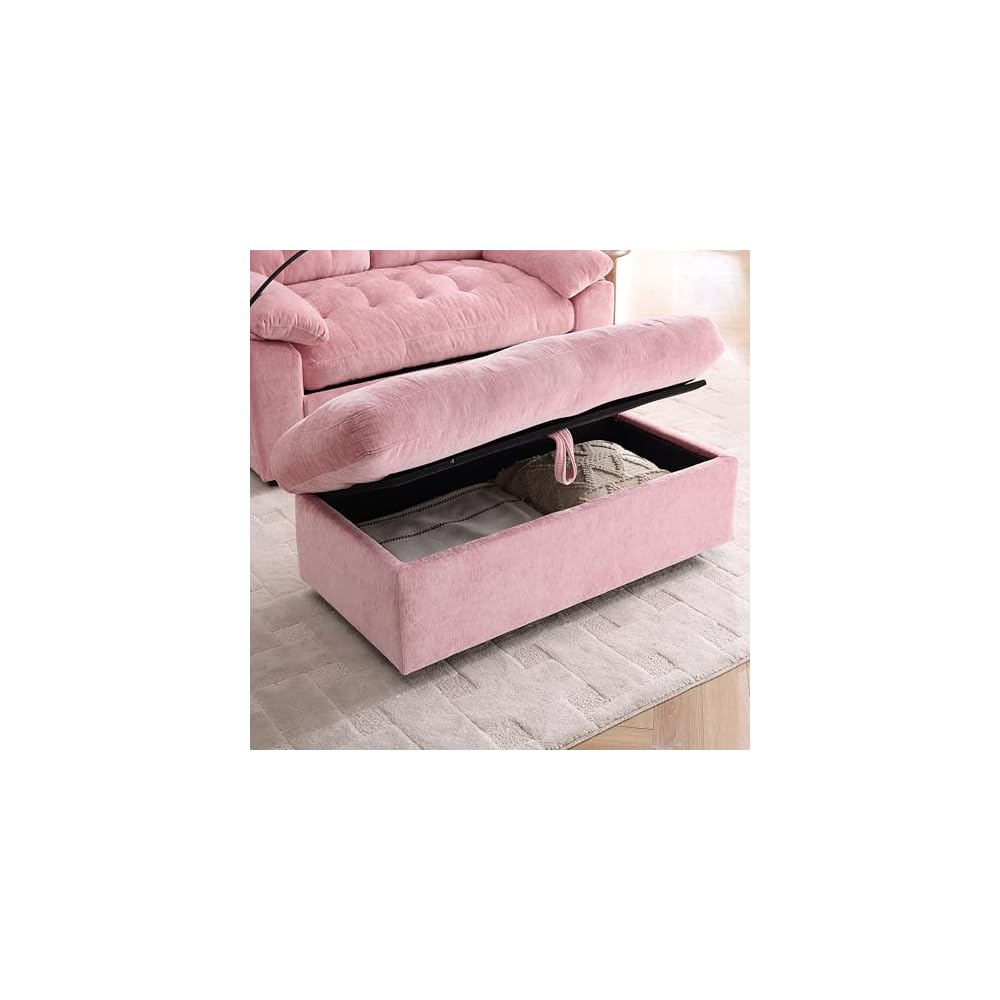 KEIKI 56" Oversized Chaise Lounge Chair Indoor with Storage Ottoman, USB Port &Phone Stand, Cloud Upholstered Chaise Lounge Recliner, Deep Seat Reading Couch Sofa Bed for Living Room Bedroom,Pink