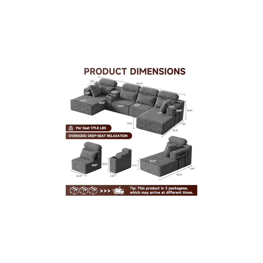 145.7" U Shaped Sectional Cloud Couches for Living Room, Corduroy Memory Foam Modular Boneless Sofa Couch with Storage Console & Cup Holder, Deep Seat, No Assembly, Dark Gray