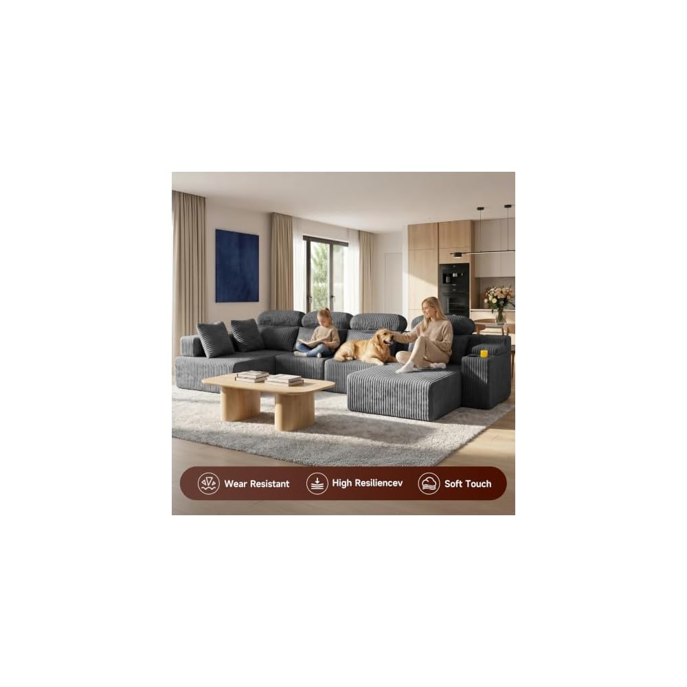 145.7" U Shaped Sectional Cloud Couches for Living Room, Corduroy Memory Foam Modular Boneless Sofa Couch with Storage Console & Cup Holder, Deep Seat, No Assembly, Dark Gray