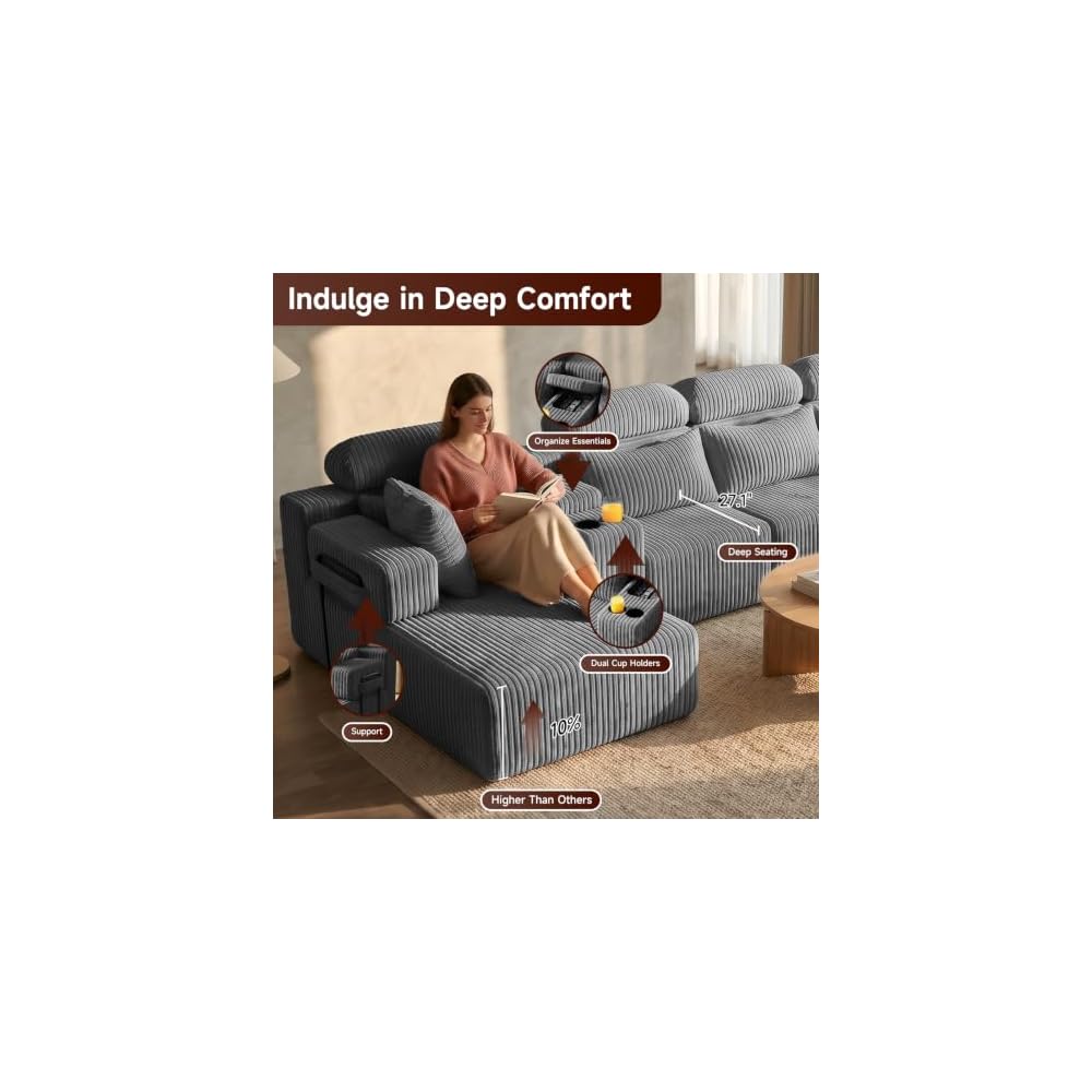 145.7" U Shaped Sectional Cloud Couches for Living Room, Corduroy Memory Foam Modular Boneless Sofa Couch with Storage Console & Cup Holder, Deep Seat, No Assembly, Dark Gray