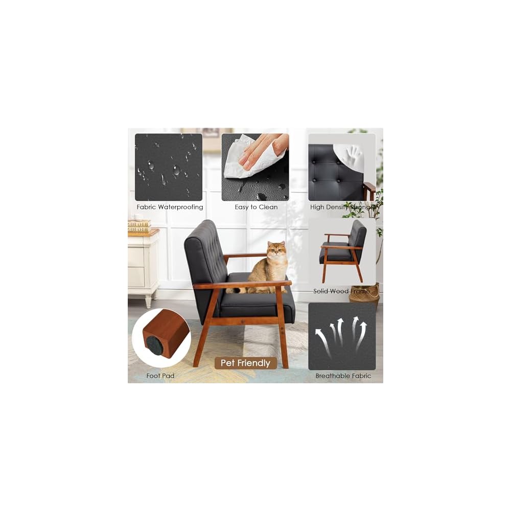 STHOUYN Black Small Leather Couch, 2 Seater Loveseat with Wooden Armrest