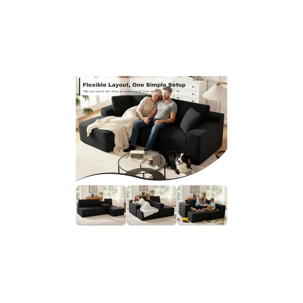 Modular Sectional Sofa, Black Boneless Couch for Living Room