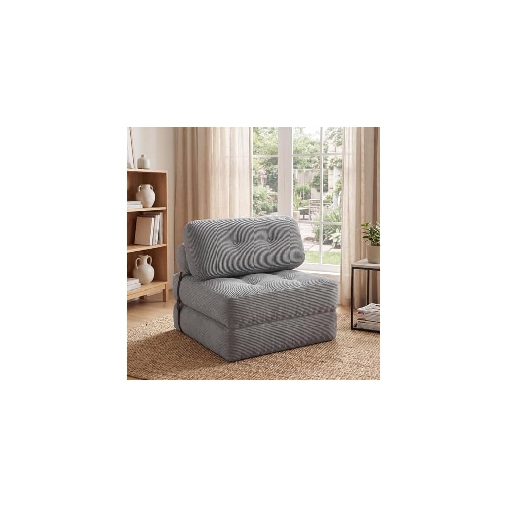 GIANTEX Folding Sofa Bed, Convertible Sleeper Chair with Pillow, Tufted Fold Out Chair Bed w/Back Support, Corduroy Cover, Fixing Straps, Comfy Floor Sofa for Living Room, Bedroom, Guest Room (Grey)