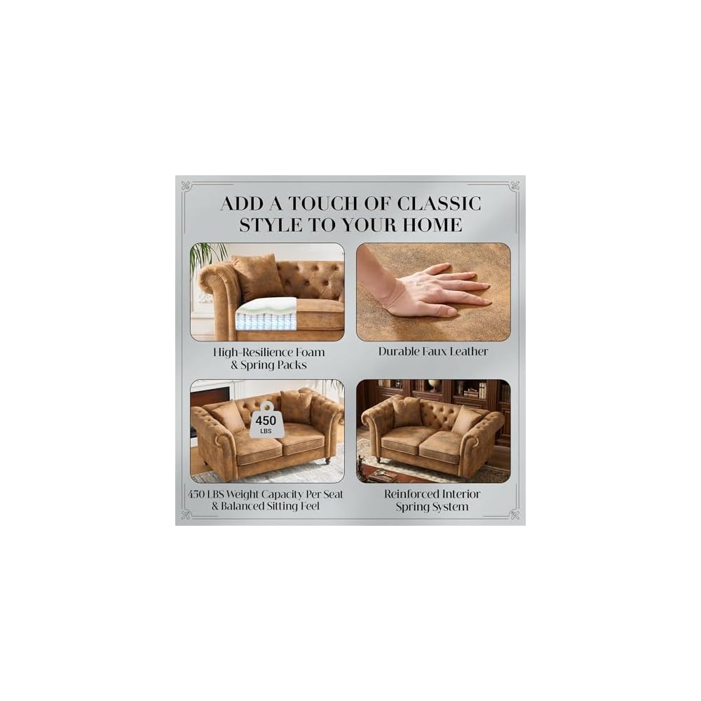 Chesterfield Sofa, 66" Chesterfield Faux Leather Loveseat Sofa with Deep Button Tufting & Rolled Arms, Vintage Mid Century Modern Couch for Living Room Office (Brown)