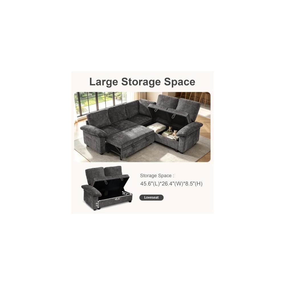 85'' Modular Sectional Sofa with Pull Out Bed, L‑Shaped Sleeper Sofa, Gray