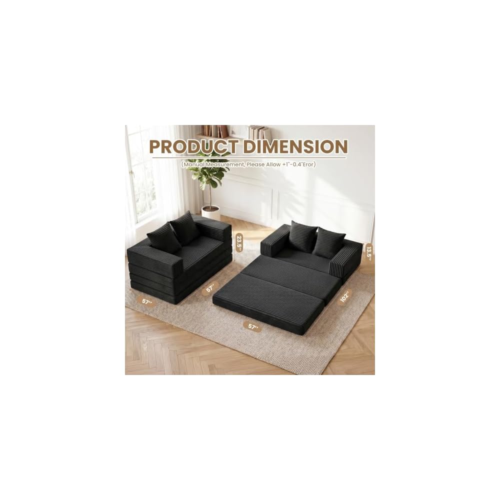 Boneless Loveseat Sofa Bed,Small Couch Bed Futon Sleeper Sofa,Convertible Pull Out Couch with Removable Armrests Backrest,Corduroy Folding Floor Boneless Couch for Living Room,Small Space,Black