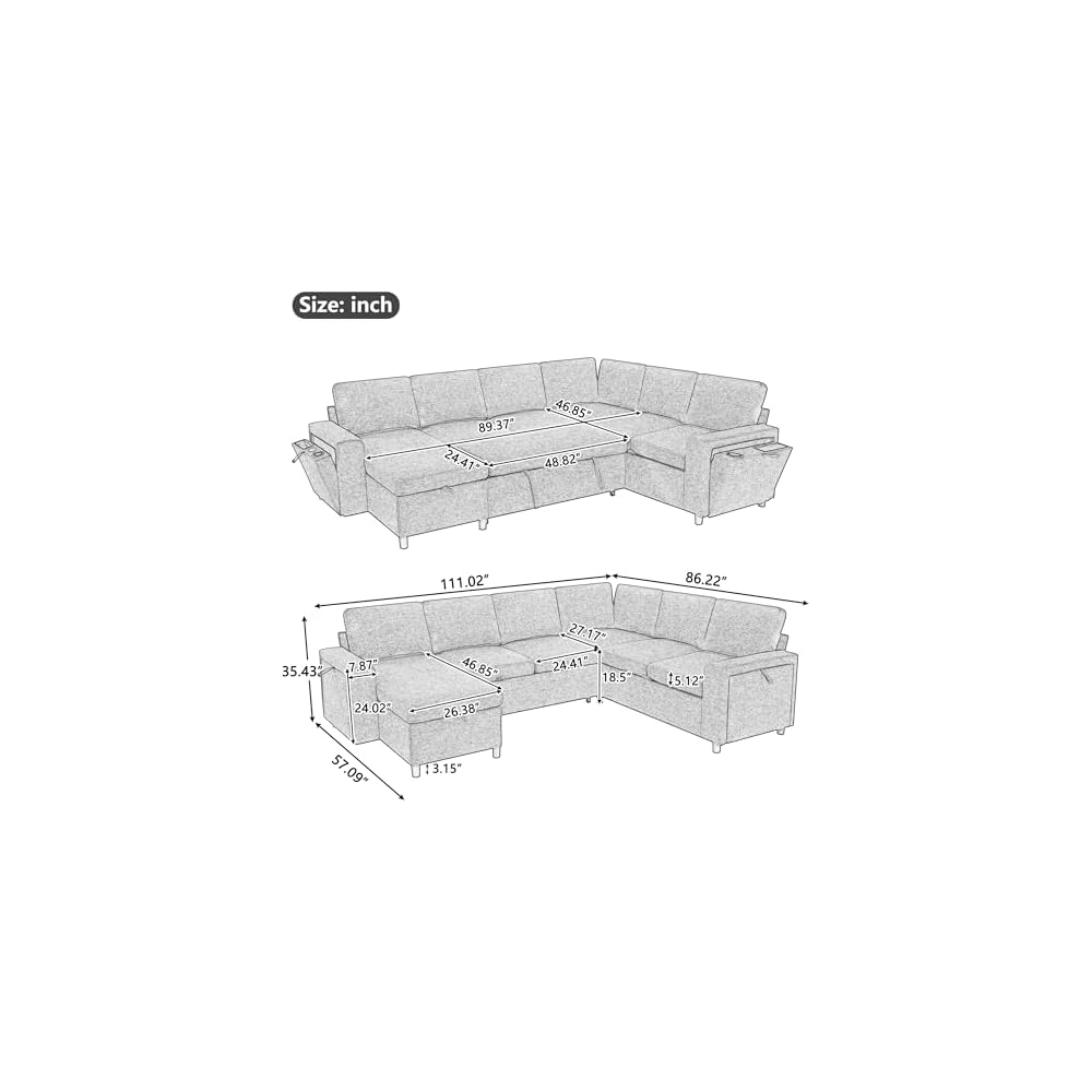 Ball & Cast U Shape Sectional Sofa for Living Room,Chenille Cloud Couch with Dual-Port Charging and Cup Holders,7 Seater Sectional Couches W/Storage,Modular Upholstered Sectional Sofas,Grey,110"