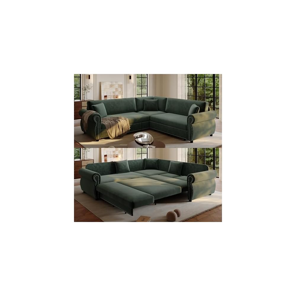 88.2'' Sleeper Sofa Bed, L Shaped Sectional Sofa with Pull Out Bed, Chenille Convertible Sectional Couches for Living Room, Oversized 5 Seater Couch with Nailhead Trim & Rolled Arm, Green