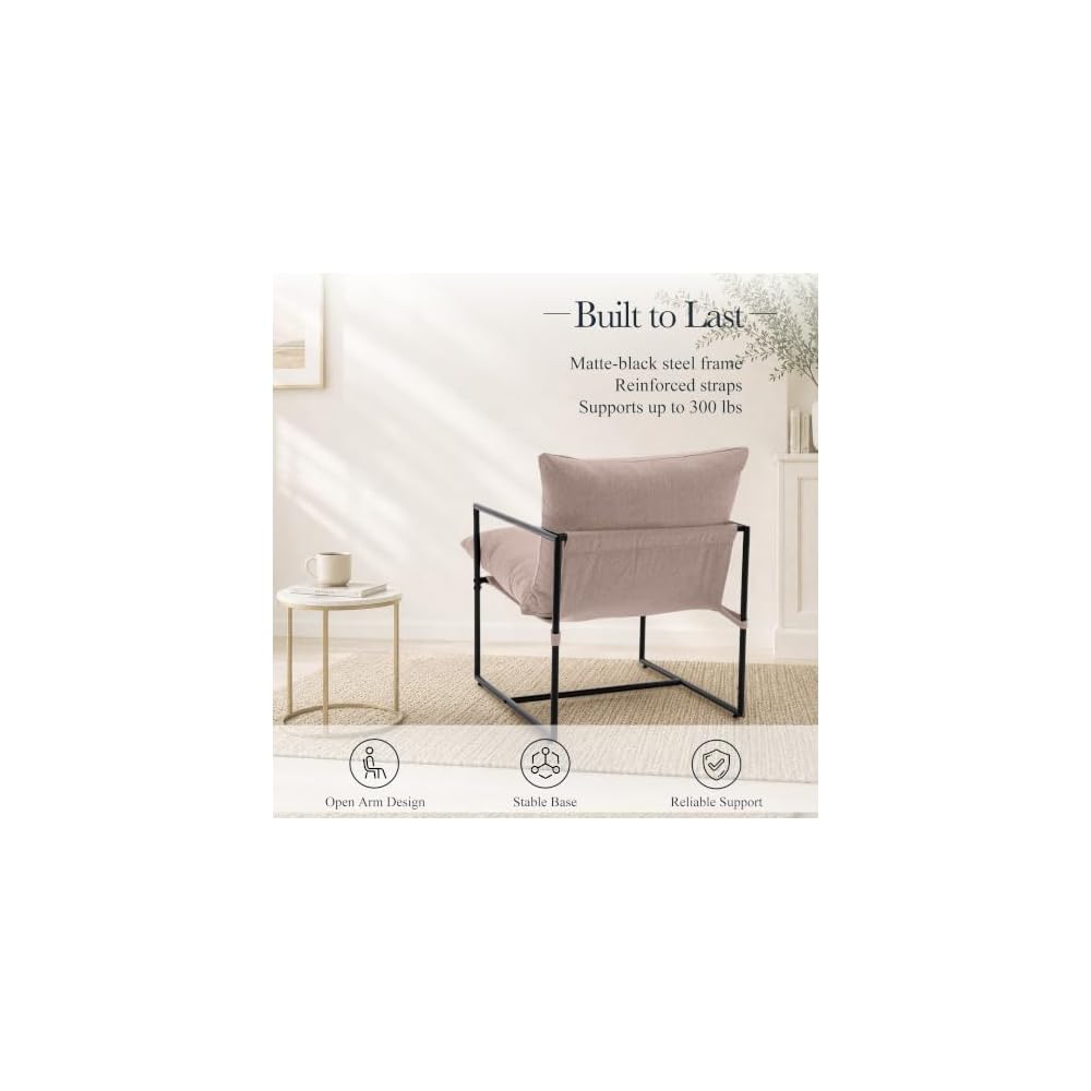 Modern Accent Chair, Upholstered Reading Sling Chair with Metal Frame and Soft Cushion,Stylish Lounge Armchair for Living Room, Bedroom or Office Seating, Oatmeal