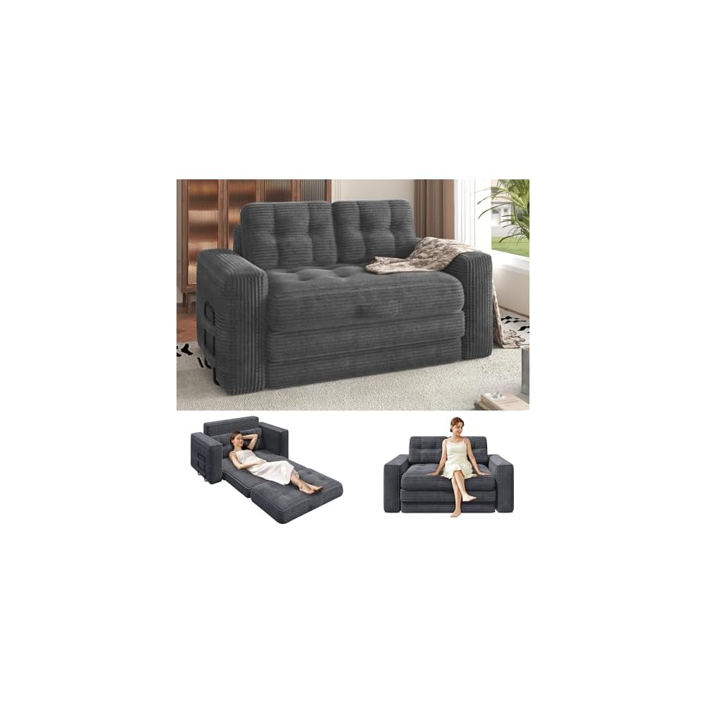 EROMMY 56" Boneless Couch Bed, Convertible Sofa Bed with Corduroy Fabric, Small Loveseat Sleeper Sofa for Small Spaces, Pull Out Futon Couch with 2 Pillows, No Assembly, Grey