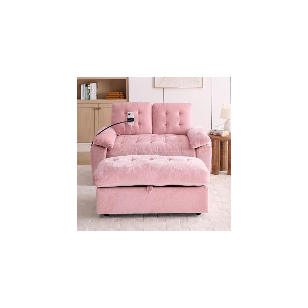 KEIKI 56" Oversized Chaise Lounge Chair Indoor with Storage Ottoman, USB Port &Phone Stand, Cloud Upholstered Chaise Lounge Recliner, Deep Seat Reading Couch Sofa Bed for Living Room Bedroom,Pink
